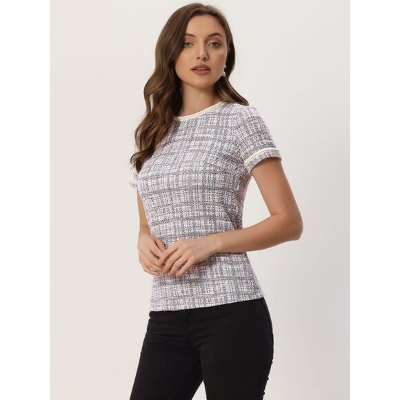 Tweed Top Pearl Trim Crew Neck Short Sleeve Blouse Apricot - Picture 4 of 6